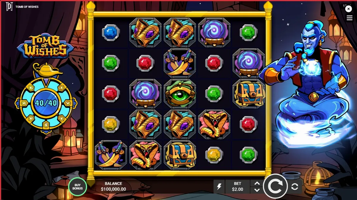 Tampilan visual slot Tomb of Wishes dengan latar belakang ruang harta karun Arab yang megah.