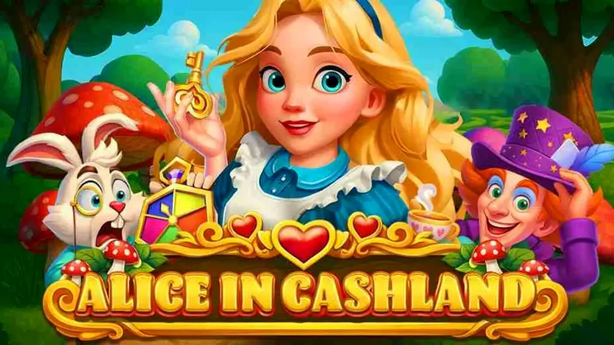 Tampilan visual slot Alice in Cashland dengan tema Wonderland yang memikat